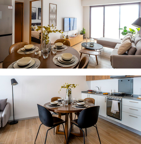 Comedor y cocina de un departamento en Thálatha
